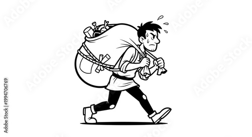 Foto Man struggles with a heavy sack on his shoulder, looking tired.