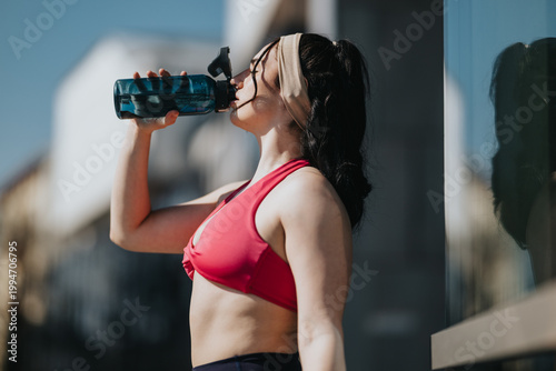 Photos A young woman drinks water from a reusable bottle while standing outdoors in workout clothes