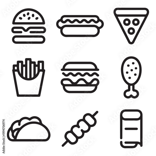 minimal line fast food restaurant menu icon set vector