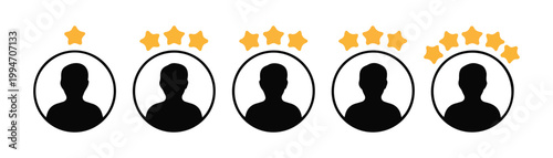 People profile avatars with yellow stars for user evaluation and member ranking level illustration graphics.