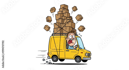 Canvastavla Stressed delivery driver with an overloaded van and falling boxes