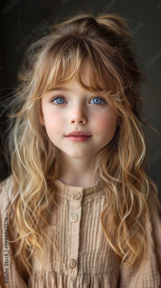 Fototapeta premium Young girl with bright blue eyes gazes softly at viewer. Golden, wavy hair frames her face gently. Soft lighting highlights her natural beauty and calm expression. Perfect for advertising