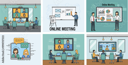 Professional business team conducting online meeting and video conference sessions featuring digital presentation boards data analytics charts and remote work communication in corporate office setting