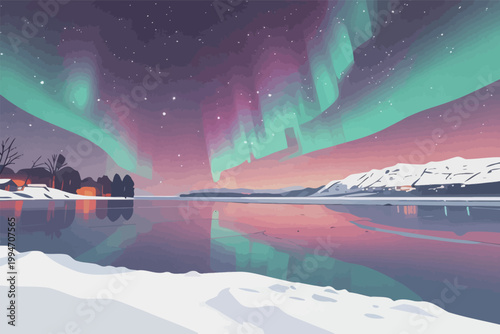 Aurora Borealis Over Snowy Lake Landscape