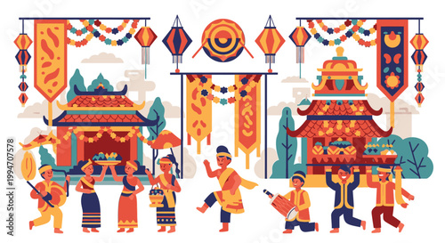 People celebrate festival with traditional decorations and buildings nearby