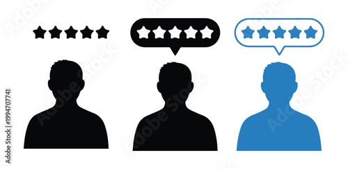Customer feedback concept with three human silhouettes and five star ratings in speech bubbles over gray grid.