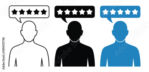 Human head profile icons with five star rating boxes depicting consumer testimonials and service satisfaction.