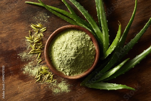 Still life bowl of green powder, aloe vera, grains, and wooden surface