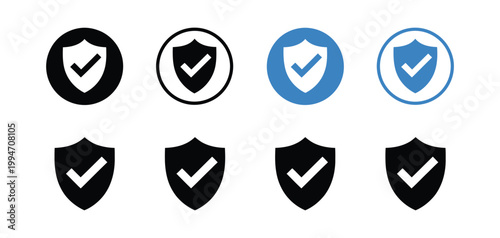 Security shield icons with check mark symbols, protection and safety verification concept flat vector design for cybersecurity, data protection, and authentication systems