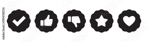 Collection of five dark social media icons with check mark thumb up thumb down star and heart shapes.