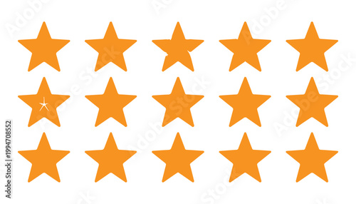 Fifteen orange stars including one broken star in three rows on transparent background.