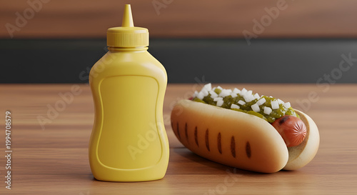 Hot dog with mustard on table.