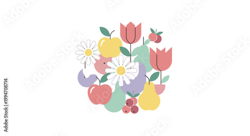 Vibrant illustration of colorful flowers and fruits arranged together on white background