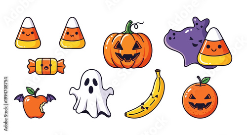Halloween themed illustrations of candy, pumpkins, and a ghost on a white background.