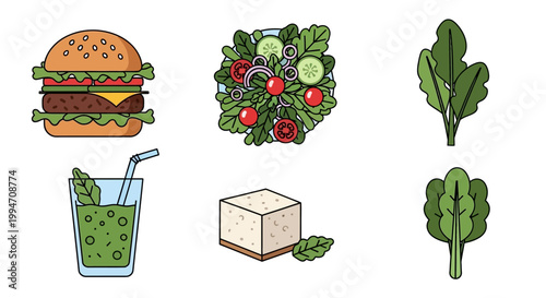 A collection of healthy food items including salad and unhealthy burger with drink on white background.