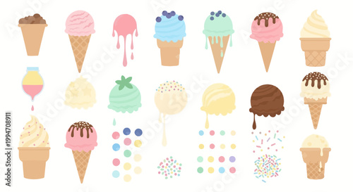 Colorful ice cream cones and scoops are arranged on a white background with sprinkles.