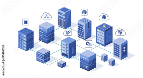 Servers connect to cloud storage with security icons around them in a network