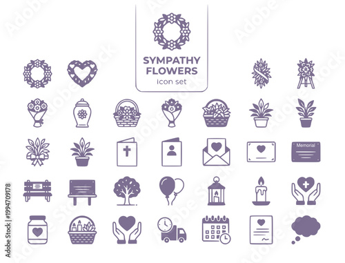 Funeral Flowers & Sympathy Gifting Icon Set: Memorial & Condolence Vector