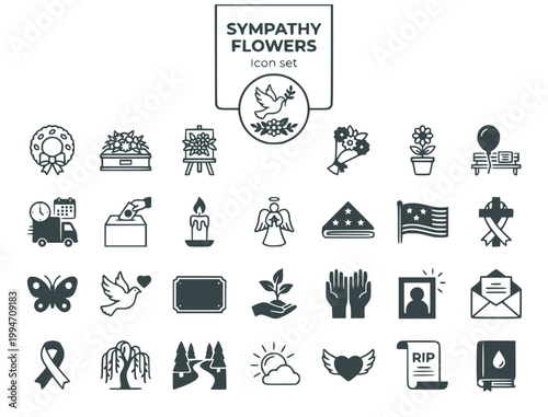 Funeral Flowers & Sympathy Gifting Icon Set: Memorial & Condolence Vector