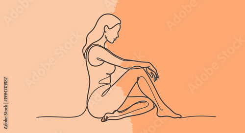 Minimalist continuous line drawing of a seated woman in contemplative pose.