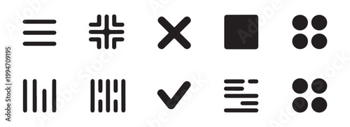 Foto User interface icons set for mobile apps including menu close check square and grid layout button silhouettes