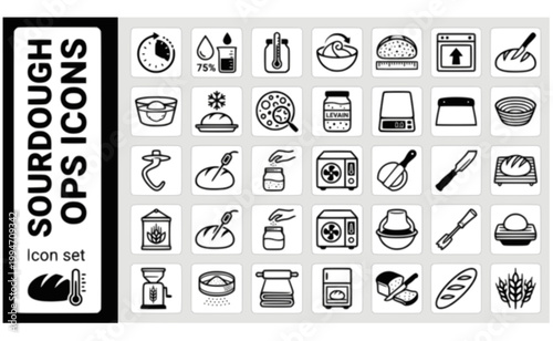 Advanced Sourdough Bread Baking Icon Set Autolyse Clock Hydration Gauge Bulk Ferment Coil Fold Crumb Score Oven Spring Ear Slash Float Test Freeze Bake Crumb Porosity Vector