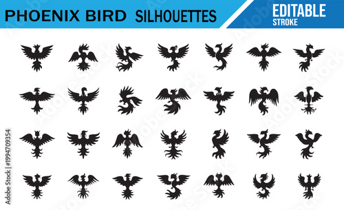 Heraldic phoenix bird vector set with isolated mythical symbols