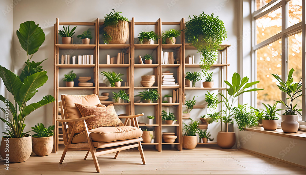 Fototapeta premium A cozy living room interior featuring a plush armchair, overflowing bookshelves, and a variety of houseplants. Sunlight streams through a window. Generative AI.