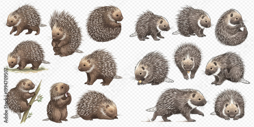 Collection of porcupine illustrations in various poses and angles, showcasing their spiky appearance and unique characteristics.