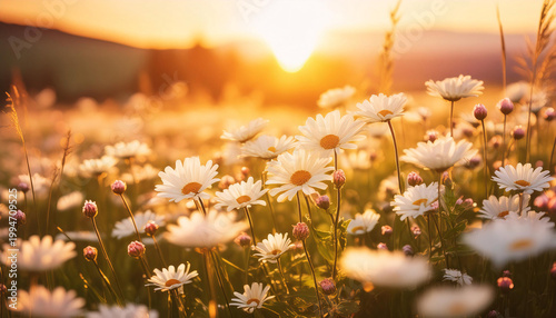 A field of white daisies bathed in the warm light of the setting sun. Generative AI.
