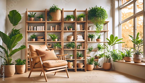 A cozy living room interior featuring a plush armchair, overflowing bookshelves, and a variety of houseplants. Sunlight streams through a window. Generative AI.