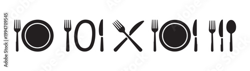Table setting silhouette icons with fork knife spoon and plate representing restaurant dining and etiquette.