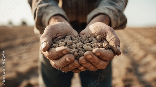 A struggling farmer holds a handful of cracked, dry soil from a failed crop, symbolizing the devastating impact of drought and climate change on agriculture.