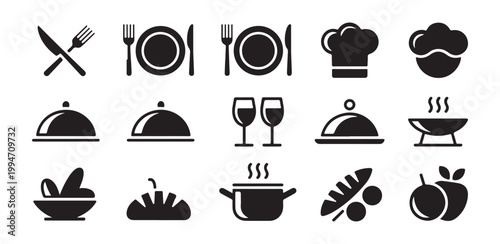 Food and drink icons with plates cutlery chef hats glasses and cooking pots for restaurant menu design elements.