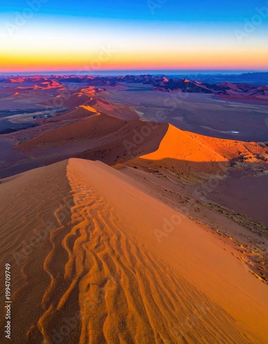 Aerial view of majestic sand dunes in Namib desert at sunrise, golden light on ripples, vast wilderness, travel landscape, adventure exploration
