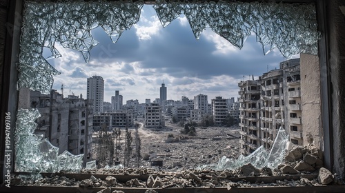 View through a shattered glass window of a bombed and destroyed city, illustrating the devastating impact of urban conflict and the fragility of civilization.