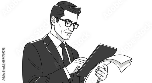 Businessman reviewing documents and tablet with glasses illustration