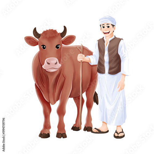 Cartoon Illustration of a Middle Eastern Farmer Standing with a Brown Cow