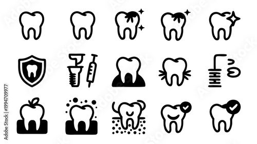 Dental care healthy teeth, shield, syringe, apple, and checkmark