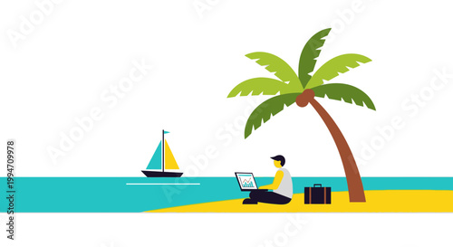 Man working on laptop under palm.