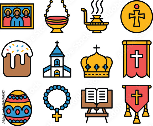 Christian religion icon set, church symbols collection, cross bible rosary easter egg crown banner, faith spirituality flat vector illustration
