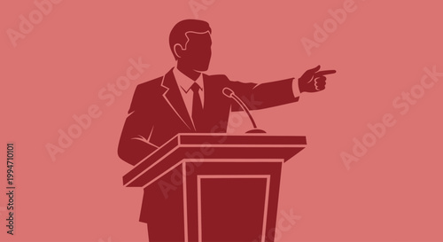 Orator at podium with microphone pointing finger during speech