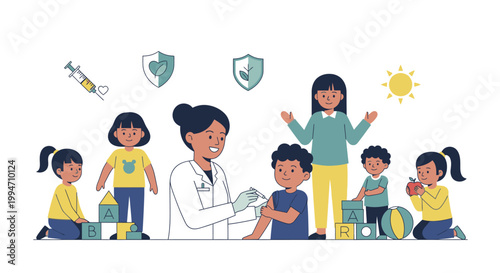 Doctor vaccinates children outdoors with mother and nurse assisting