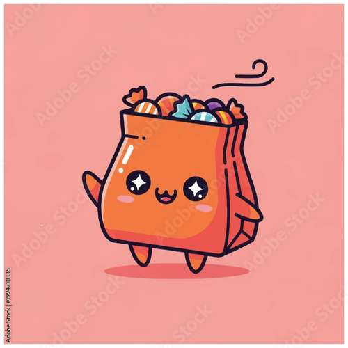 Cute cartoon paper bag character smiling.