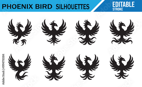 Abstract phoenix bird symbols collection in black monochrome style
