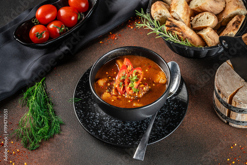 Hearty spicy meat soup with tomatoes and herbs