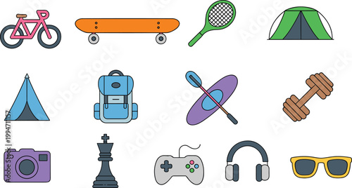 Outdoor recreation icon set, camping sports equipment, bicycle skateboard kayak tent backpack camera gaming accessories, leisure activity flat vector illustration collection