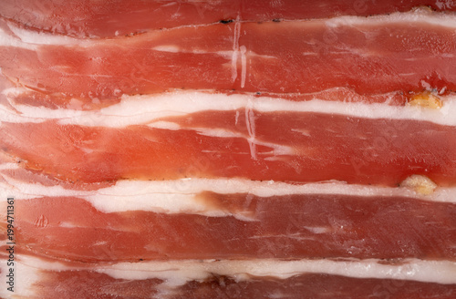 Foto Cured carbonara pork macro background
