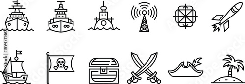 Pirate and naval icon set, ships submarine sailboat swords treasure chest island rocket signal tower, adventure sea line vector illustration