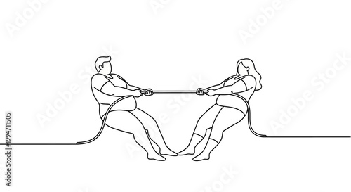Two People Engaged in a Tug-of-War Competition, Line Art.